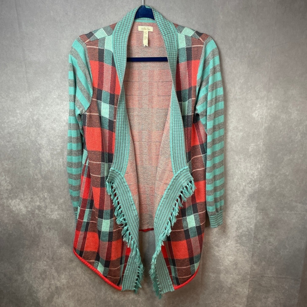 Matilda Jane Cardigan Sweater Women Small Steadfast Plaid Fringe Trim Knit Open